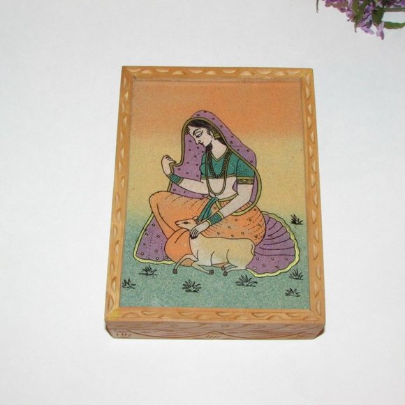 Handmade Boho Trinket Keepsake Jewelry Box Wood & Crushed Gemstones Lined - Picture 10 of 10